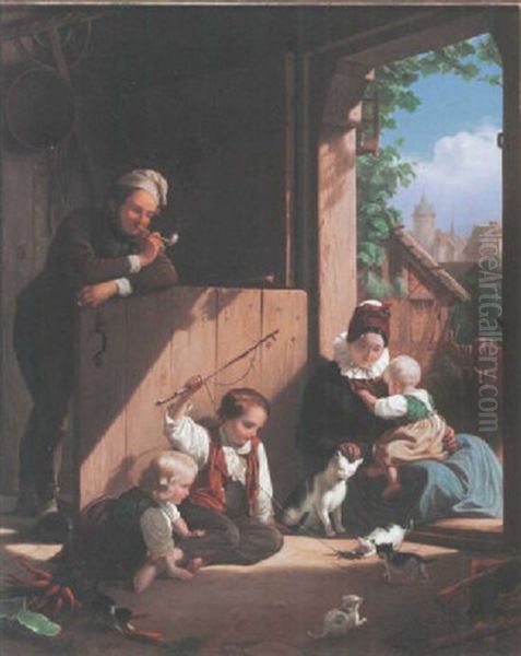 Familiengluck Mit Spielenden Kindern Und Tieren Oil Painting by Friedrich Eduard Meyerheim