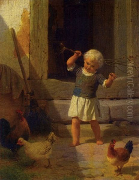 Chasing The Chickens Oil Painting by Friedrich Eduard Meyerheim