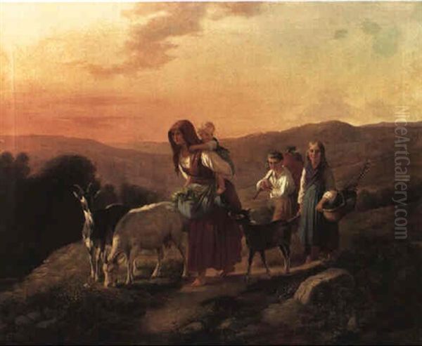 Junge Bauerinmit Ihren Drei J_ngsten Auf Dem Weg Nach Hause by Friedrich Eduard Meyerheim