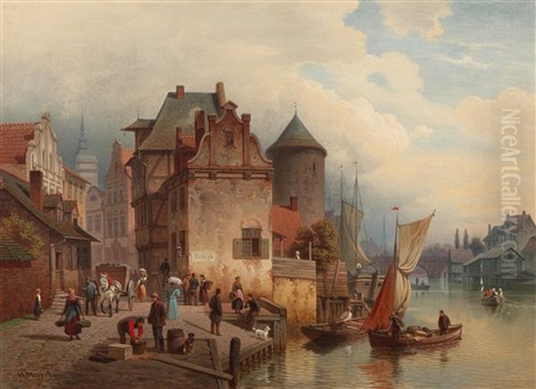 Hustle And Bustle In A Town By A River Oil Painting by Hermann Meyerheim