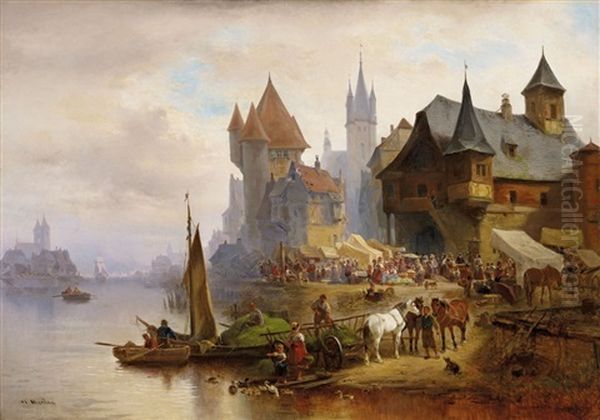 Mittelalterliche Stadt An Einem Fluss Oil Painting by Hermann Meyerheim