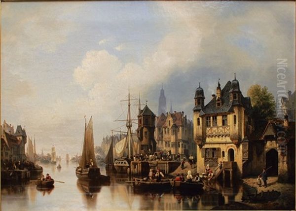 Town At A Bustling River Oil Painting by Hermann Meyerheim