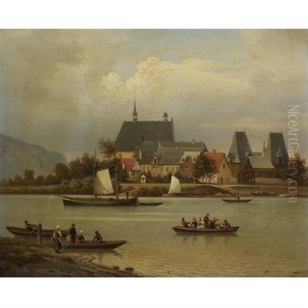 Die Insel Niederwerth Bei Koblenz - The Island Of Niederwerth On The Rhine, Near Koblenz Oil Painting by Hermann Meyerheim