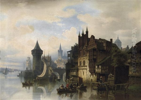 Partie Einer Belgischen Hafenstadt Oil Painting by Hermann Meyerheim