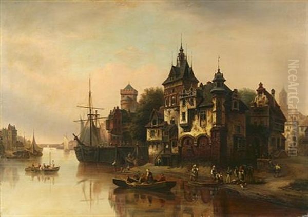 Port Scene Oil Painting by Hermann Meyerheim