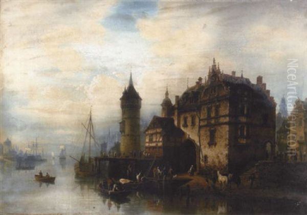 A Dutch River Scene With Figures Gathered On The Bank By A Town Oil Painting by Hermann Meyerheim