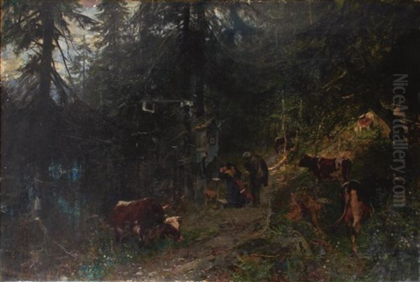 Mountain Forest With Praying Farmers And Cows Oil Painting by Paul Friedrich Meyerheim