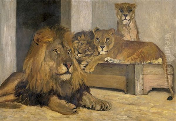 Lowenpaare Im Berliner Zoo Oil Painting by Paul Friedrich Meyerheim