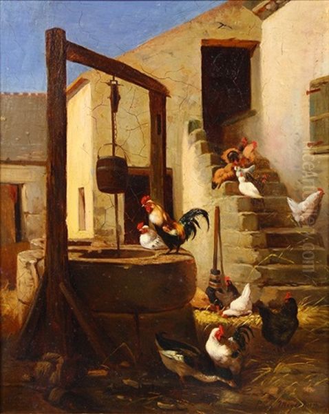 Farmyard Scene With Rooster And Chickens Oil Painting by Paul Friedrich Meyerheim