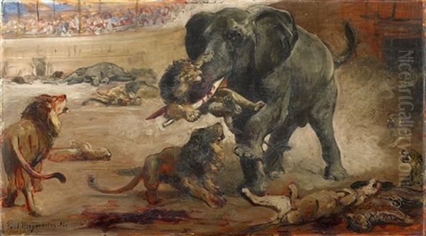 Arena With Elephants, Lions And Leopards Oil Painting by Paul Friedrich Meyerheim