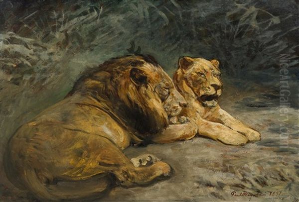 Pair Of Lions Oil Painting by Paul Friedrich Meyerheim