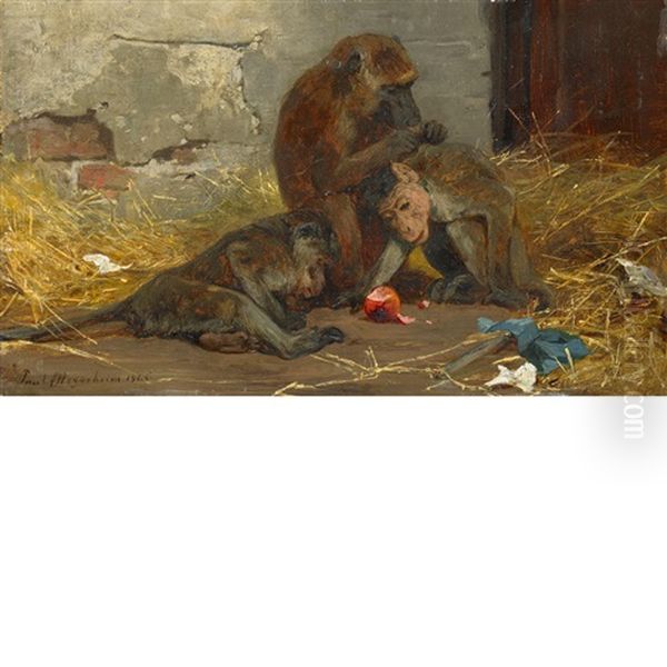 Monkeys In A Barn Oil Painting by Paul Friedrich Meyerheim