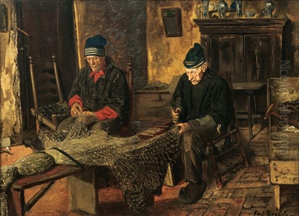 Fishermen Mending Nets Oil Painting by Paul Friedrich Meyerheim