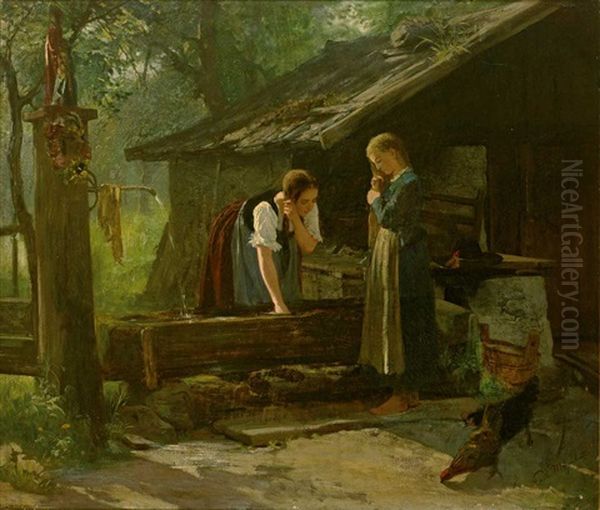 Zwei Madchen In Tracht Bei Der Haarwasche Am Brunnen Vor Kleinem Gehoft Oil Painting by Paul Friedrich Meyerheim