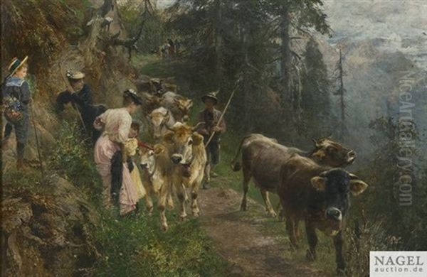 Almabtrieb Der Rinderherde. Stadtische Ausflugler Weichen Auf Dem Schmalen Gebirgsweg Den Tieren Aus Oil Painting by Paul Friedrich Meyerheim