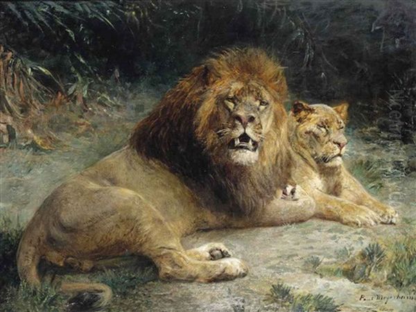 A Lion And A Lioness Basking In The Sun Oil Painting by Paul Friedrich Meyerheim