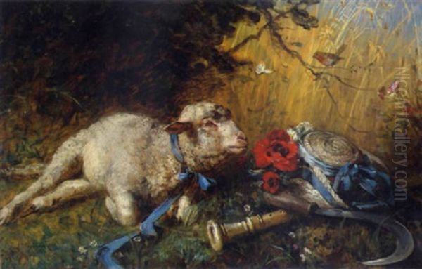 Liegendes Lammchen Mit Blauem Band Oil Painting by Paul Friedrich Meyerheim