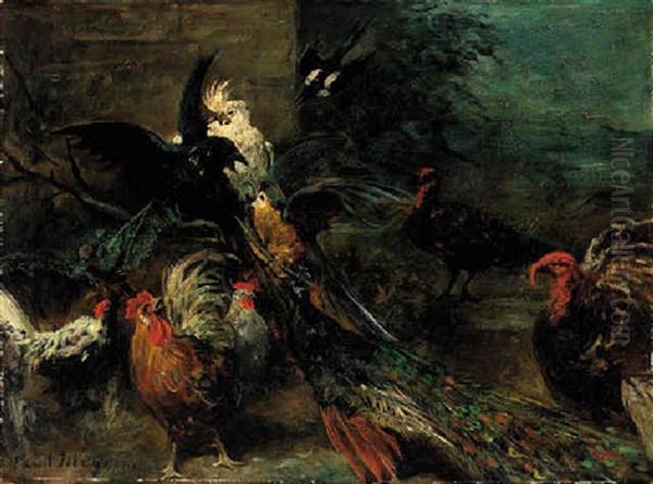 A Peacock, Parrot, Cockatoo, Roosters, Turkeys And A Crow In A Landscape Oil Painting by Paul Friedrich Meyerheim