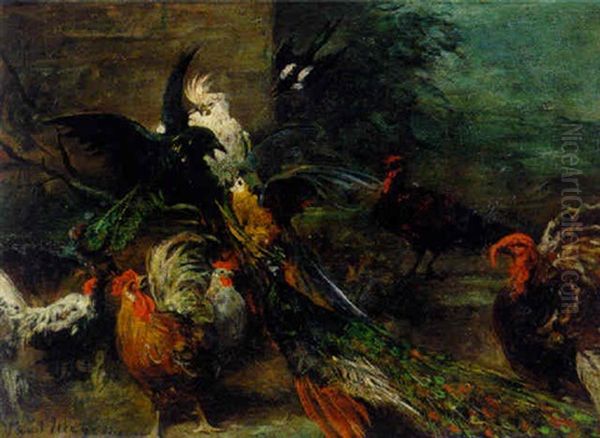 A Peacock, Parrot, Cockatoo, Roosters, Turkeys And A Crow In A Landscape Oil Painting by Paul Friedrich Meyerheim