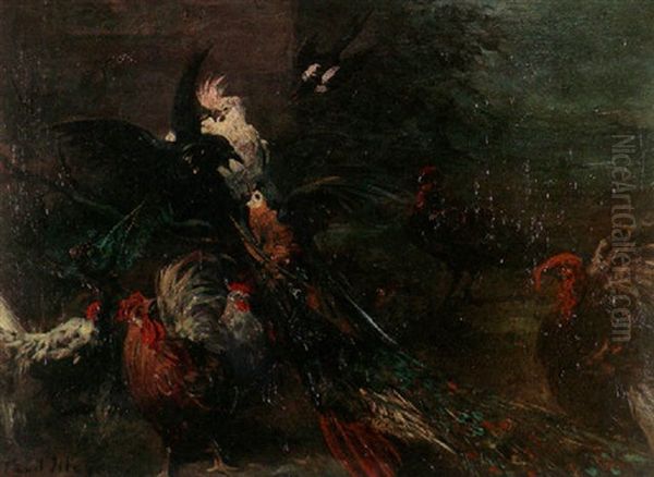 Peacocks, Parrots, A Turkey And Rooters In A Landscape Oil Painting by Paul Friedrich Meyerheim