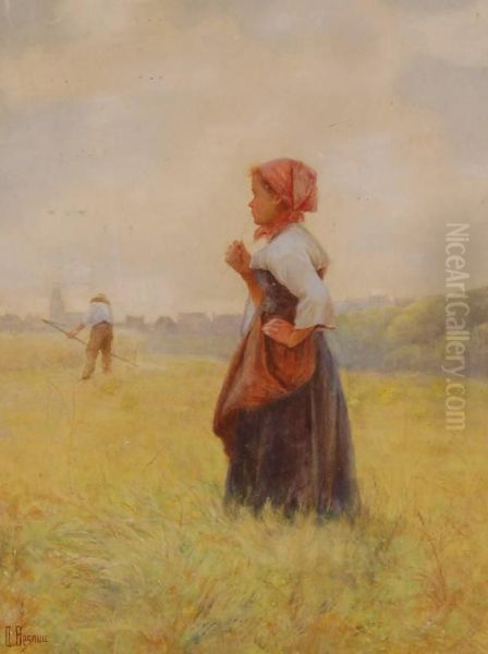 Figures In The Harvest Fields Oil Painting by A Besnou