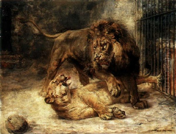 The Lion And The Lioness Oil Painting by Paul Friedrich Meyerheim