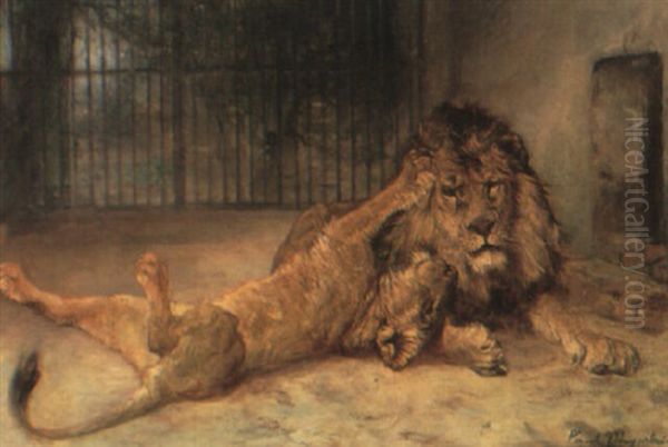 Lioness And Her Cub In A Cage Oil Painting by Paul Friedrich Meyerheim