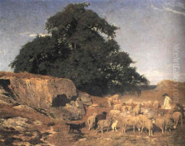 Shepherd And Sheep In A Coastal Wooded Landscape Oil Painting by Paul Friedrich Meyerheim