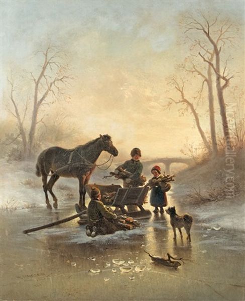 Evening On The Ice Oil Painting by Wilhelm Alexander Meyerheim