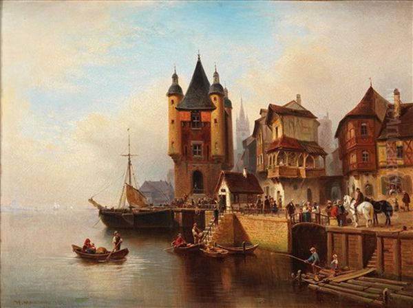 A Busy Day By The River Oil Painting by Wilhelm Alexander Meyerheim