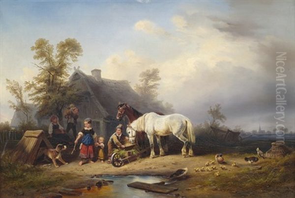 Landliches Idyll. Bauernfamilie Mit Ihren Tieren Vor Dem Haus Oil Painting by Wilhelm Alexander Meyerheim