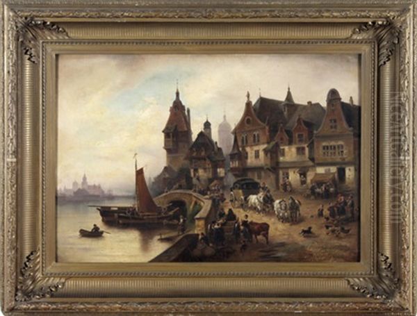 Blick Auf Einen Ostseehafen, Wohl An Der Pommerschen Kuste, Mit Postkutsche Und Kleinen Standen Oil Painting by Wilhelm Alexander Meyerheim