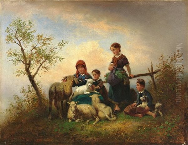 Kinder Futtern Lammer Auf Einem Hugel In Abendlicher Landschaft Oil Painting by Wilhelm Alexander Meyerheim