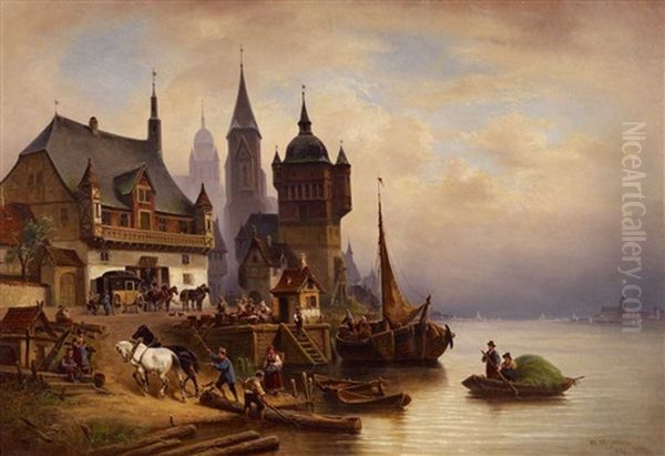 Postkutsche Im Pommerschen Hafen Oil Painting by Wilhelm Alexander Meyerheim