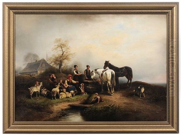 Family Gathering In Pastoral Landscape Oil Painting by Wilhelm Alexander Meyerheim