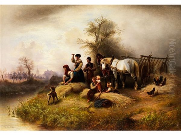 Bauernfamilie Bei Der Kornernte Beobachten Einen Zug Der Kavallerie Oil Painting by Wilhelm Alexander Meyerheim