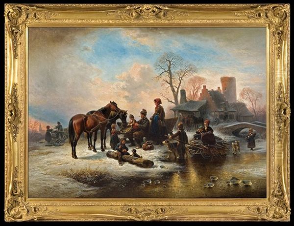 Before A Winter Cottage Oil Painting by Wilhelm Alexander Meyerheim