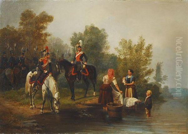 Soldaten Und Wascherinnen Am Fluss Oil Painting by Wilhelm Alexander Meyerheim