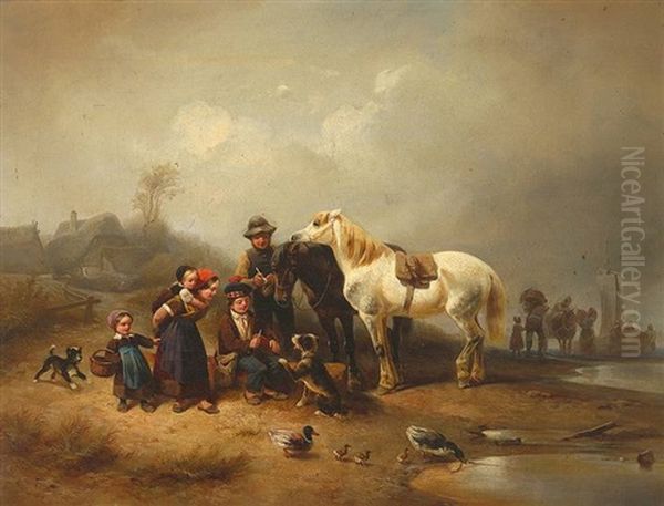 Uferstuck Mit Zahlreichen Personen Und Pferden Oil Painting by Wilhelm Alexander Meyerheim