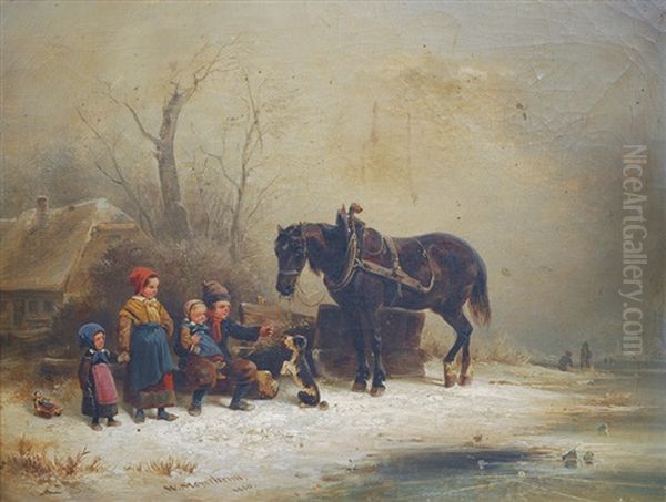 Children With Horse In A Winter Landscape Oil Painting by Wilhelm Alexander Meyerheim