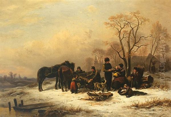 Winterlandschaft Mit Holzsammlern, Pferden Und Schlitten Vor Kirchdorf Im Hintergrund Oil Painting by Wilhelm Alexander Meyerheim