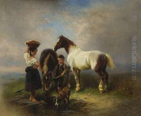 Kinder Mit Pferden Und Hund Am Wasser Oil Painting by Wilhelm Alexander Meyerheim