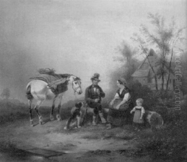 Ein Reiter Hat Bei Einer Bauernfamilie Eine Rast Eingelegt Oil Painting by Wilhelm Alexander Meyerheim