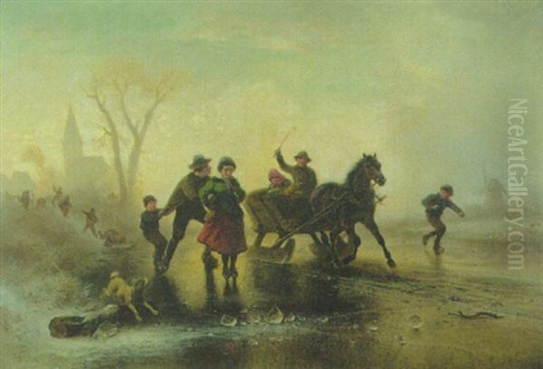 Wintervergnugen. Kinder Beim Schlittschuhlaufen Und Mit Pferdeschlitten Auf Dem Zugefrorenen Fluss Oil Painting by Wilhelm Alexander Meyerheim