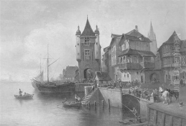 Reges Treiben An Der Kaimauer Einer Alten Hafenstadt Oil Painting by Wilhelm Alexander Meyerheim