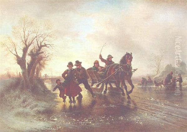 A Frozen Waterway With Skaters And A Horse-drawn Sledge Oil Painting by Wilhelm Alexander Meyerheim