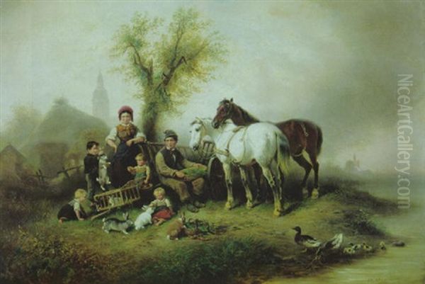 Bauernidyll Mit Pferden Und Kaninchen Oil Painting by Wilhelm Alexander Meyerheim