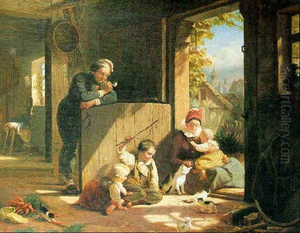 At The Cottage Door Oil Painting by Wilhelm Alexander Meyerheim