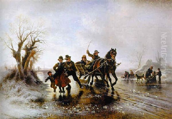 Prachtvoller Wintertag Mit Zugefrorenem Fluslauf Oil Painting by Wilhelm Alexander Meyerheim