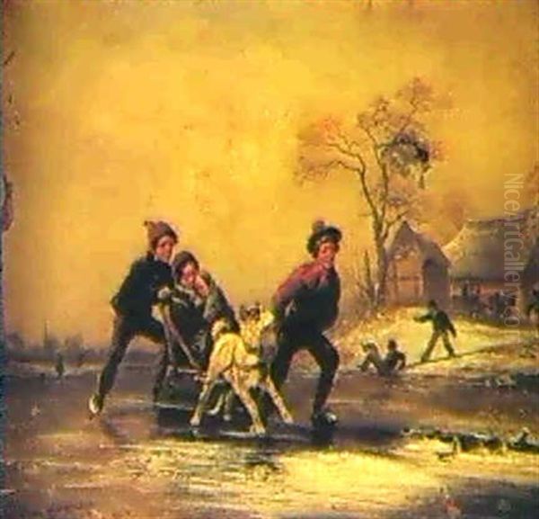 Children Skating Oil Painting by Wilhelm Alexander Meyerheim